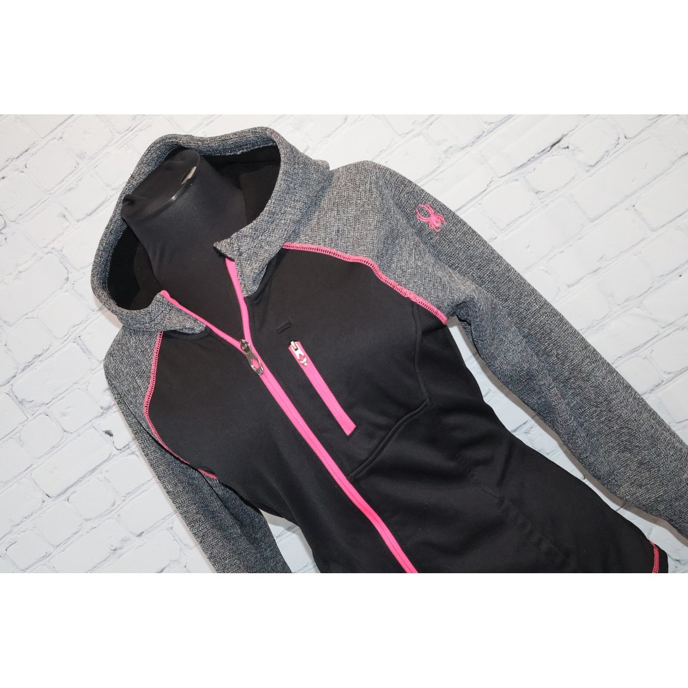Spyder Hoodie Women Large Black Gray Pink Full Zip Fleece Lined Active Jacket